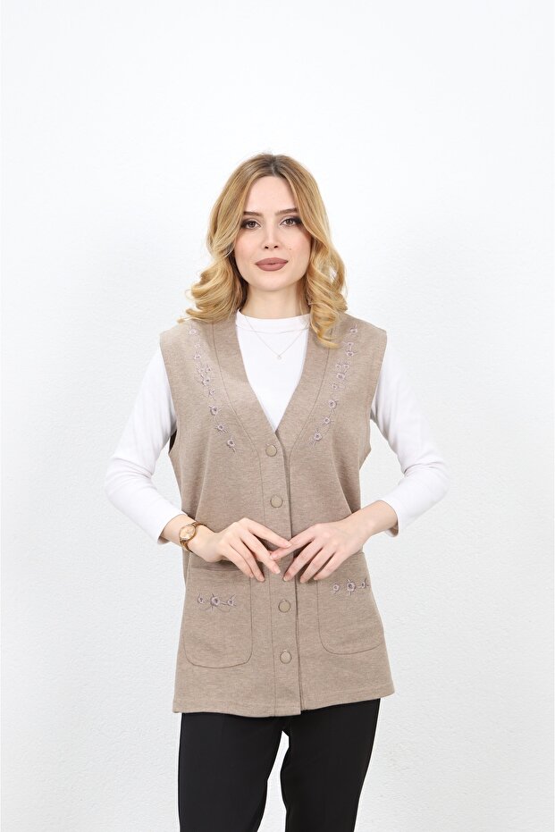 Beige Steel Knitted 5-Button Mother Vest - Chest Embroidered