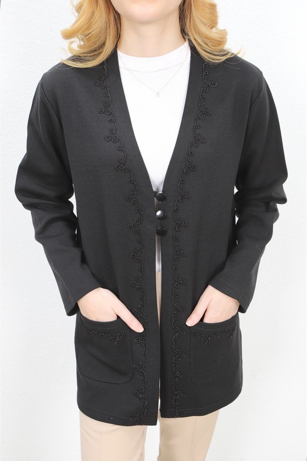 Black Steel Knit - Cordone Embroidered Mother Cardigan