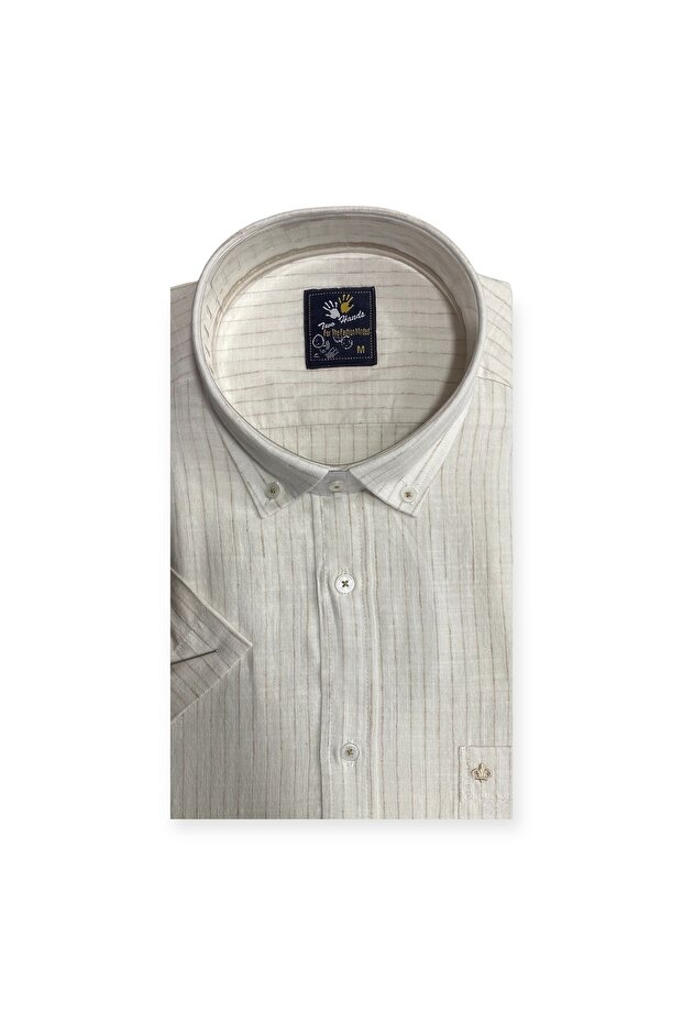 Men's Classic Short Sleeve Pocket 100% Cotton Slim Striped Shirt 819