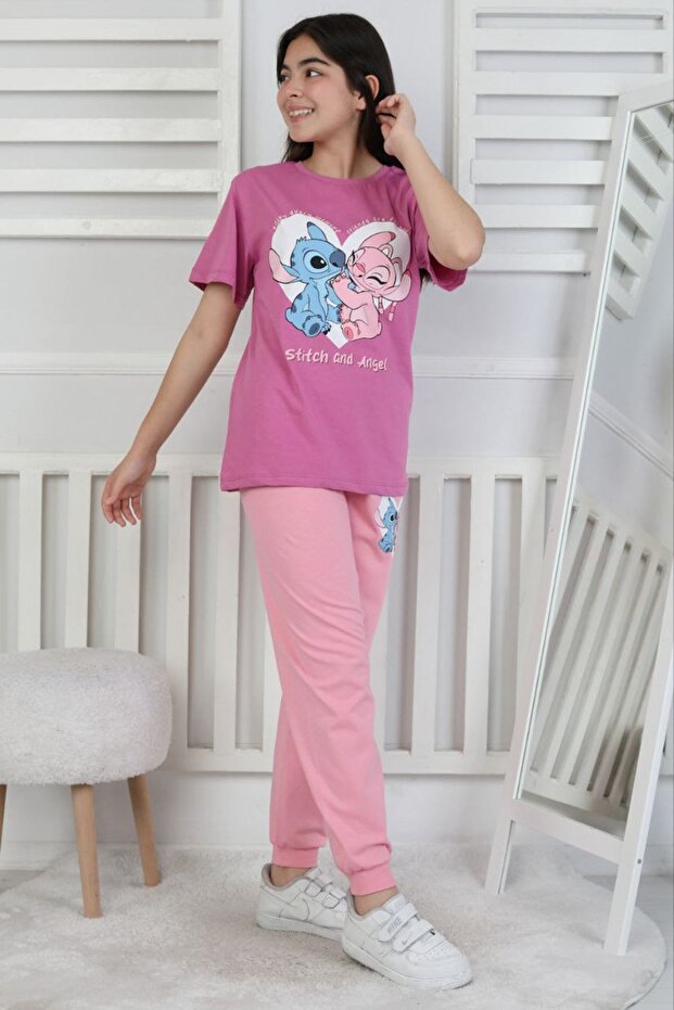 İsob Dusty Rose Stitch Patterned 100% Cotton Girl Short Sleeve Pajamas Set 8-13 Years 41415-Gk