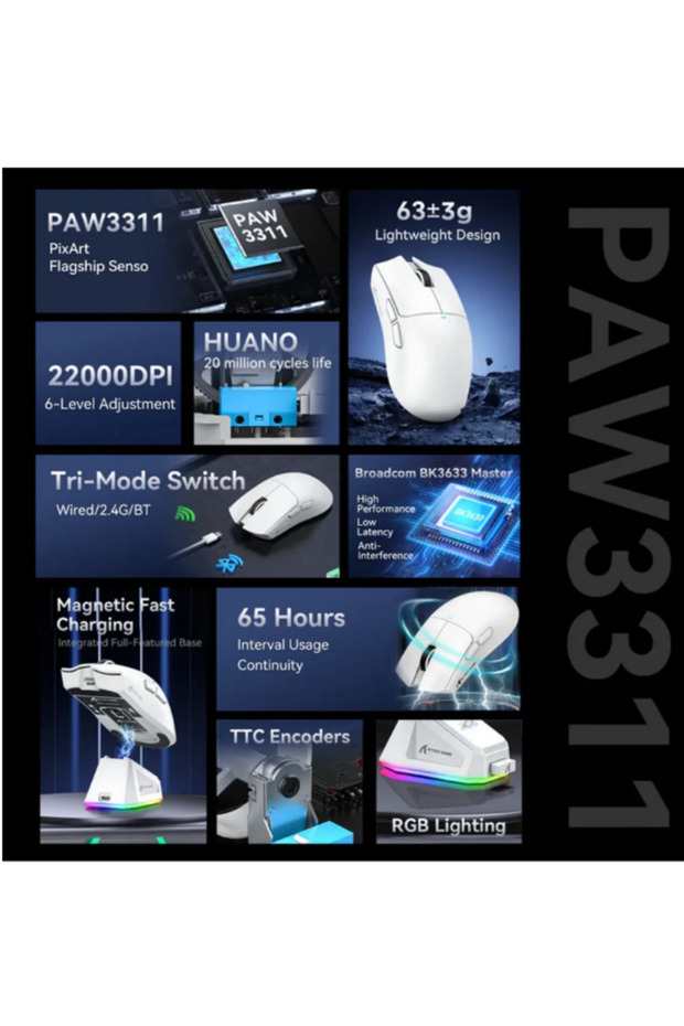 X11 SUPERLIGHT 22000 DPI PAW3311 Şarj İstasyonlu Kablosuz Oyuncu Mouse - 5
