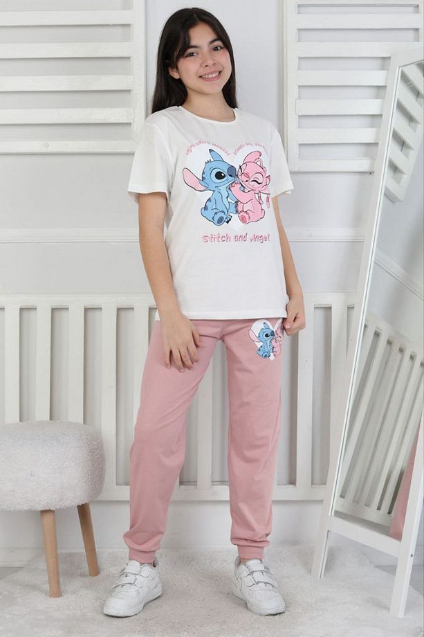 İsob Ekru Stitch Desenli %100 Pamuk Kız Çocuk Kısa Kollu Pijama Takımı 8-13 Yaş 41415-e - 1
