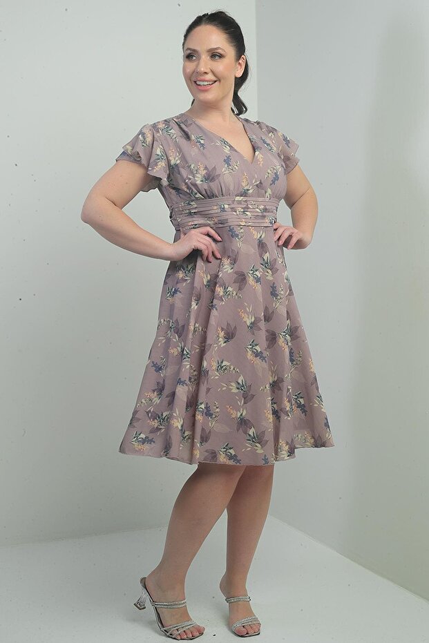 Double Breasted Collar Sleeve Flounce Lined Large Size Printed Linen Dress