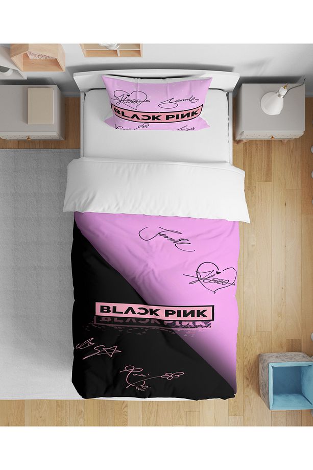 Black Pink 3D Dijital Baskılı Tek Kişilik Çarşafsız Genç Kız Genç Çocuk Nevresim Takımı - 1