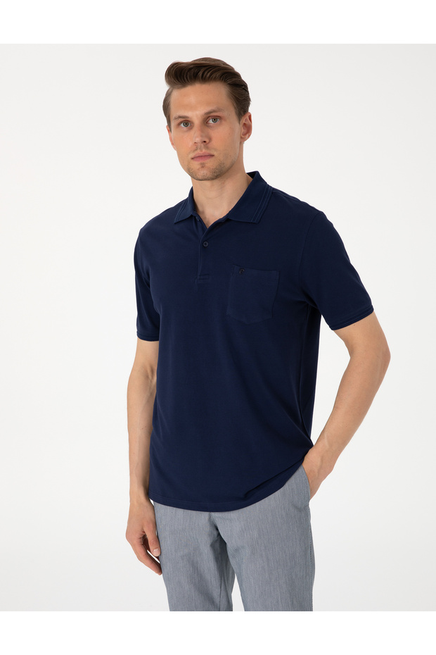 Navy Blue Regular Fit 100% Cotton Pocket Buttoned Polo Collar Basic T-Shirt 50306552-Vr033