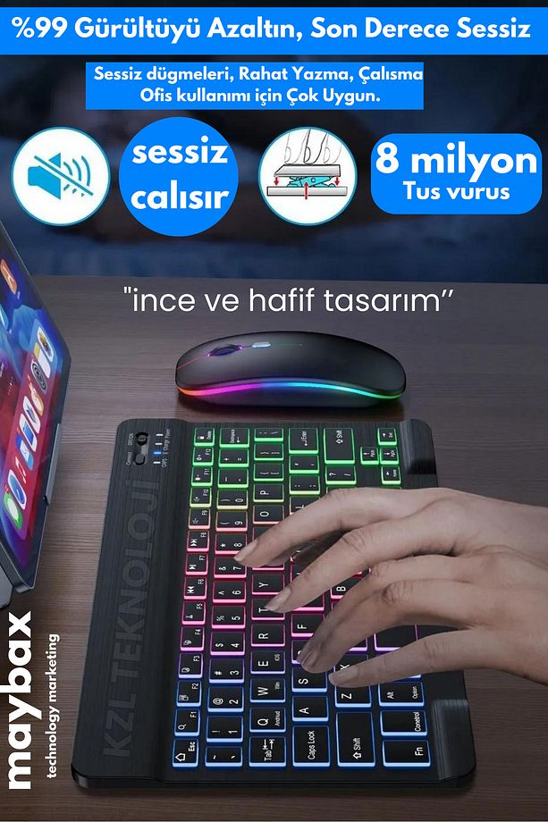 Tüm Cihazlara Uyumlu Akıllı Taşınabilir Şarjlı Rgb Kablosuz Bluetooth & Wireless Klavye Mouse Seti - 4