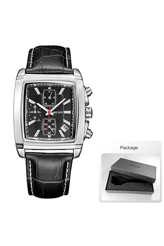 2028-Black-B Megir Rectangle Dial Leather Strap Watch for Men Casual Blue Chronograph Quartz Watches