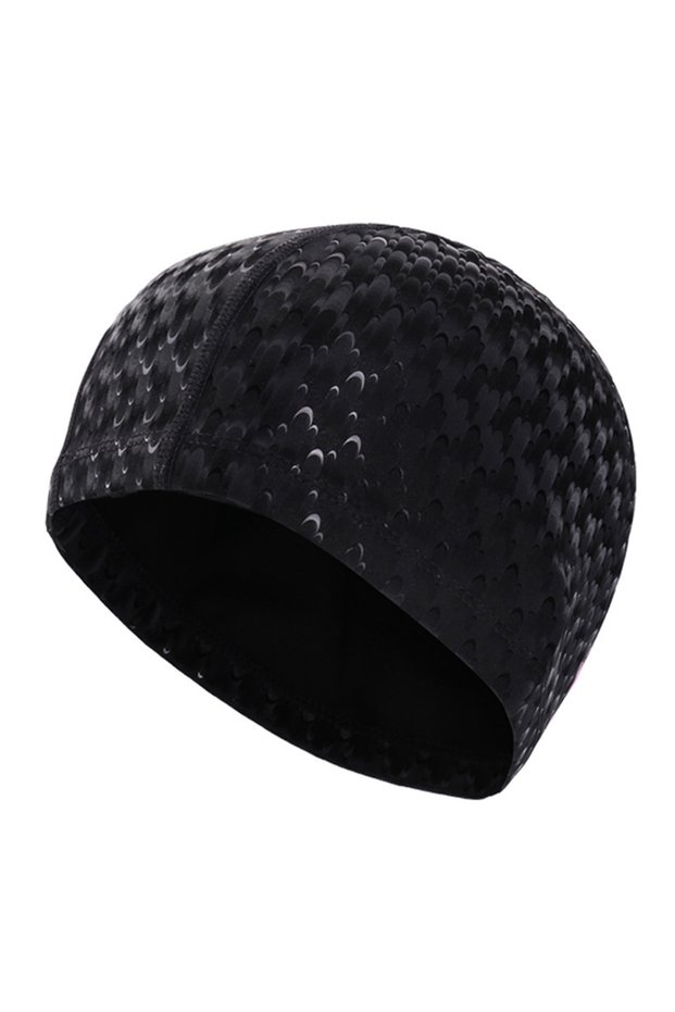 Black Adults Men Women Swimming Cap Waterproof PU Fabric Shark Skin Print Swim Pool Protect Ears Lon
