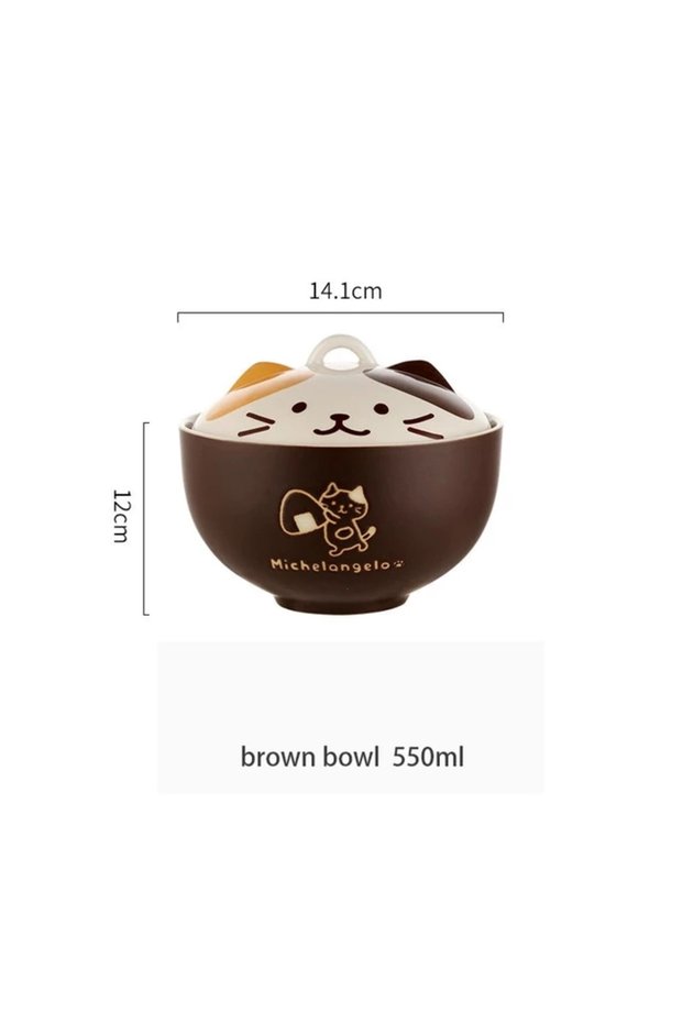 brown YWDL 550ml Cartoon Cat Ceramic Instant Noodle Bowl With Lid Underglaze Color Soup Salad Bowl K