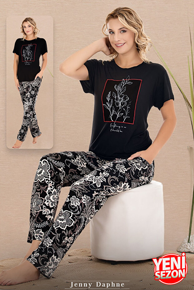 Lady Floral Pattern Sleepwear Crew Neck Short Sleeve Pajamas Set 12597