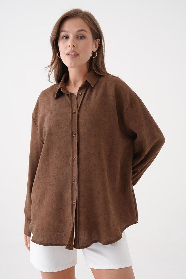 Kadın Kahve Batik Desenli Tunik Oversize Gömlek 29180 - 6