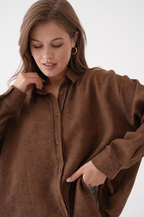 Kadın Kahve Batik Desenli Tunik Oversize Gömlek 29180 - 2