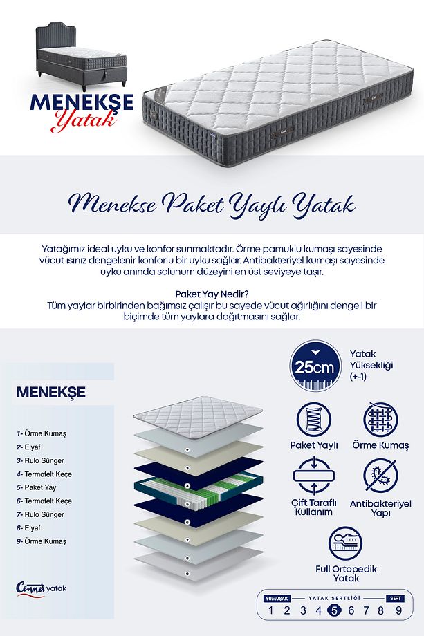 Menekşe Modeli Tek Kişilik Antibakteriyel Full Ortopedik Yatak, Baza Ve Başlık 3 Lü Set - 7