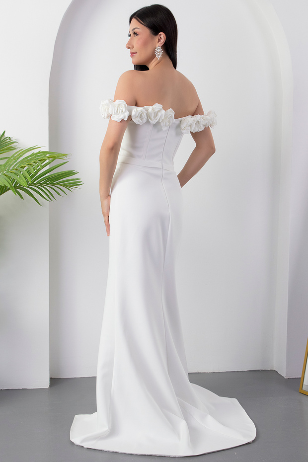 Yaka Gül Detay Yırtmaçlı Elbise ECR5410 - 7