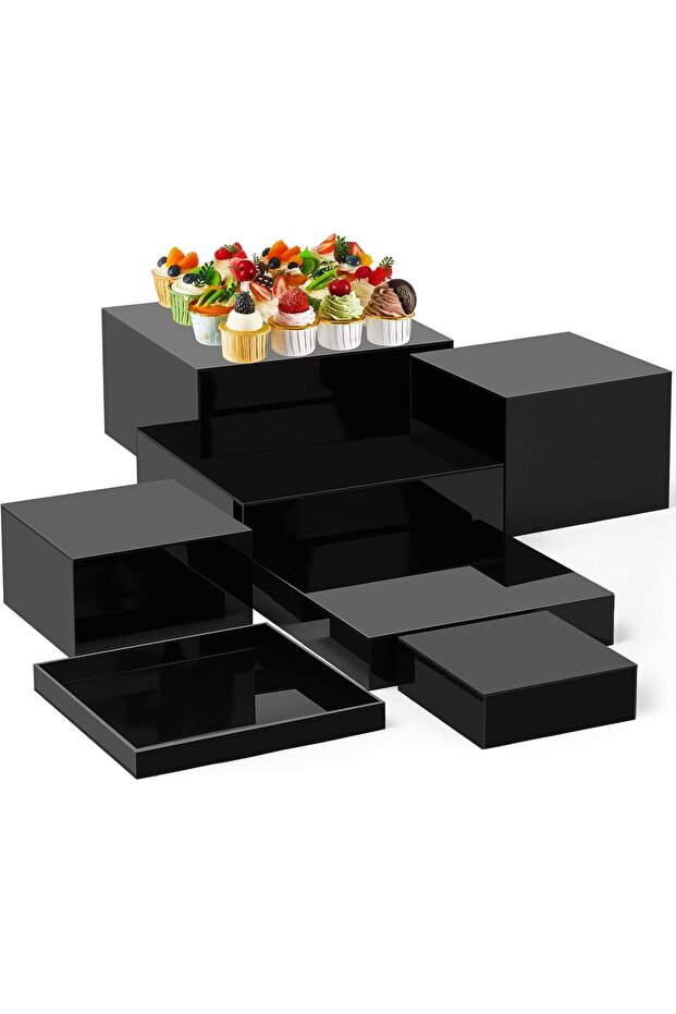 7 Pcs Acrylic Display Box Acrylic Cube 5 Sided Acrylic Box with Hollow Bottom Food Risers 7 Size