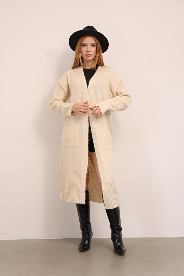 U Yaka Uzun Kollu Midi Boy Yumuşak Dokulu Cepli Sade Basic Düz Kışlık Sonbaharlık Triko Hırka - 8