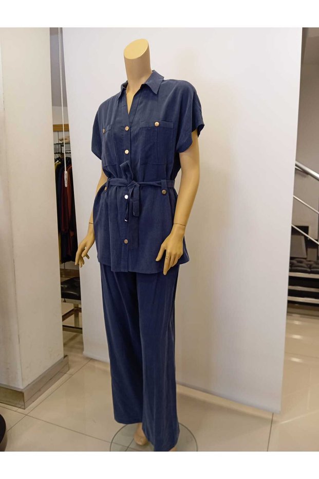 Egzoti̇k Asortik Women's Short Sleeve Belted Yellow Button Slim Shirt Jacket and Elastic Waist Pants Hr