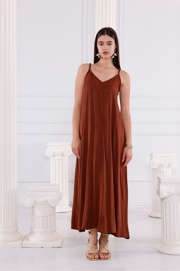 Sade Acı Kahve Viskon Maxi Elbise - 2