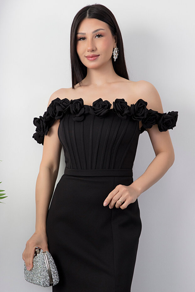 Yaka Gül Detay Yırtmaçlı Elbise ECR5410 - 6