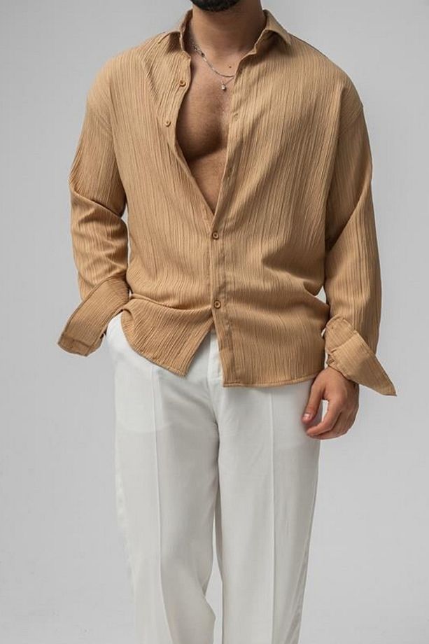 Erkek Vizon Embossed Oversize Gömlek - 3