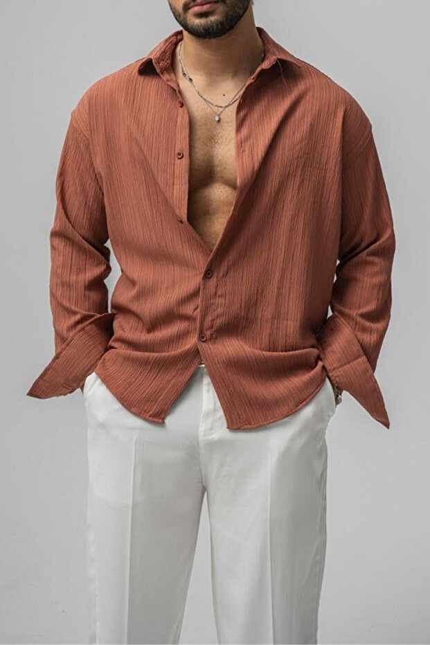 Erkek Kiremit Embossed Oversize Gömlek - 2