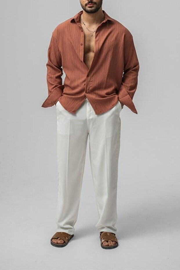 Erkek Kiremit Embossed Oversize Gömlek - 4