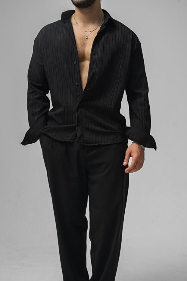 Erkek Siyah Embossed Oversize Gömlek - 4