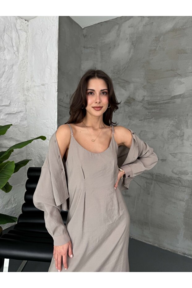 Vizon İp Askılı Elbise Gömlek Takım - 3