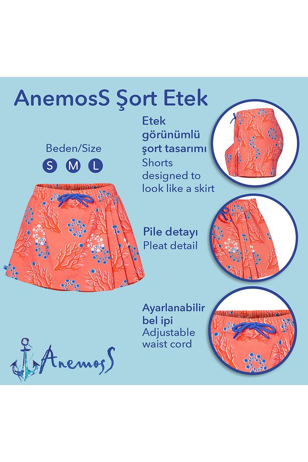 Mercan Kadın Şort Etek – Lastikli Bel, Bağcıklı, Pembe Desenli Yazlık Skort - 6