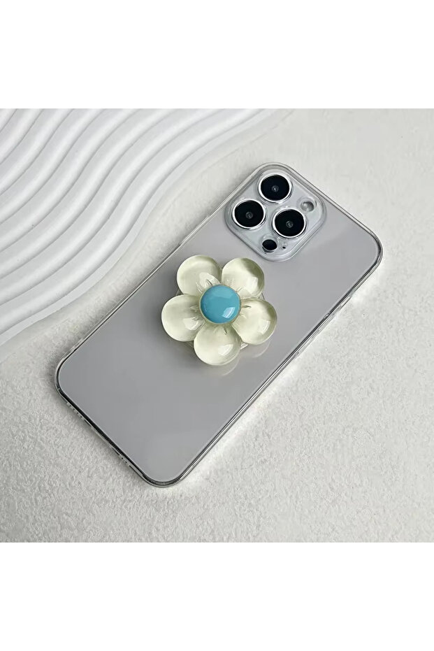 3D Çiçek Tasarımlı 3M Yapıştırmalı El Parmak Tutucu Cep Telefonu Tutacağı Popsocket Sarı - AL5246 - 1