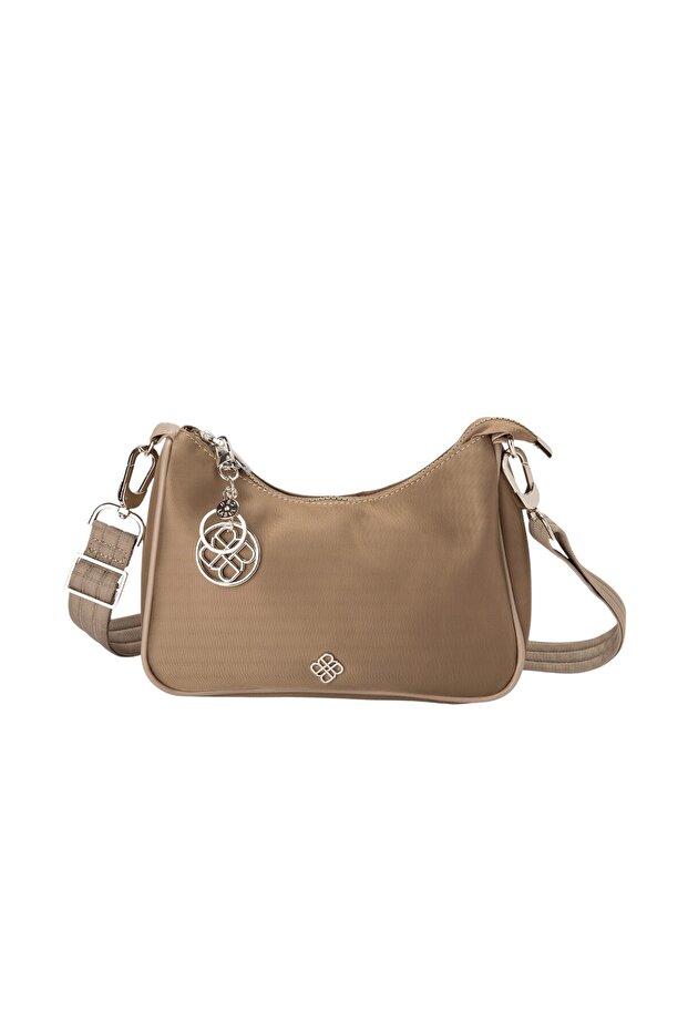 حقيبة كتف مزينة باللون البيج - 1