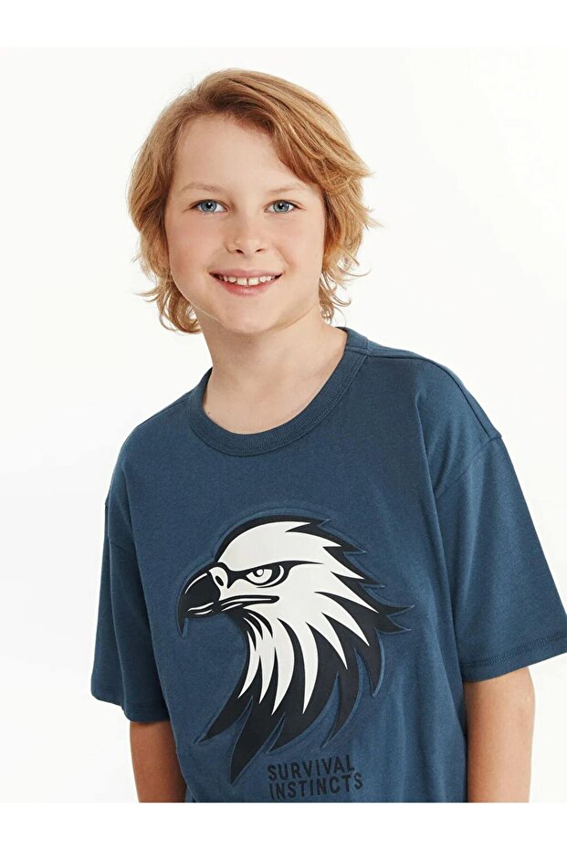 Lcw Kids Indigo Crew Neck Printed Combed Cotton Boys' T-Shirt