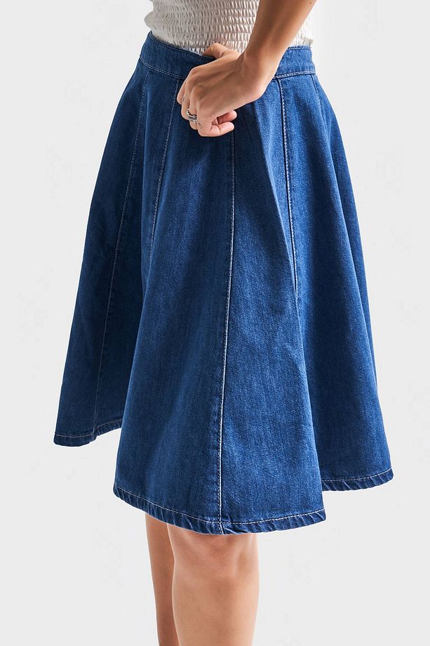Kadın Mavi Renk 1s5-5 Volanlı Midi Boy %100 Koton Denim Etek - 5