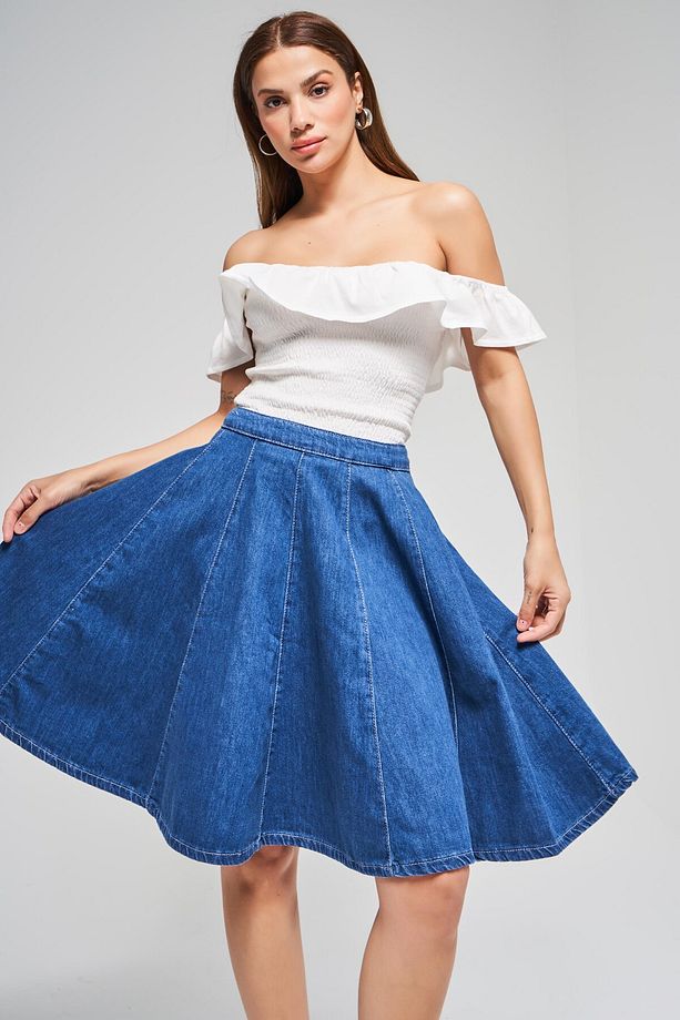 Kadın Mavi Renk 1s5-5 Volanlı Midi Boy %100 Koton Denim Etek - 4