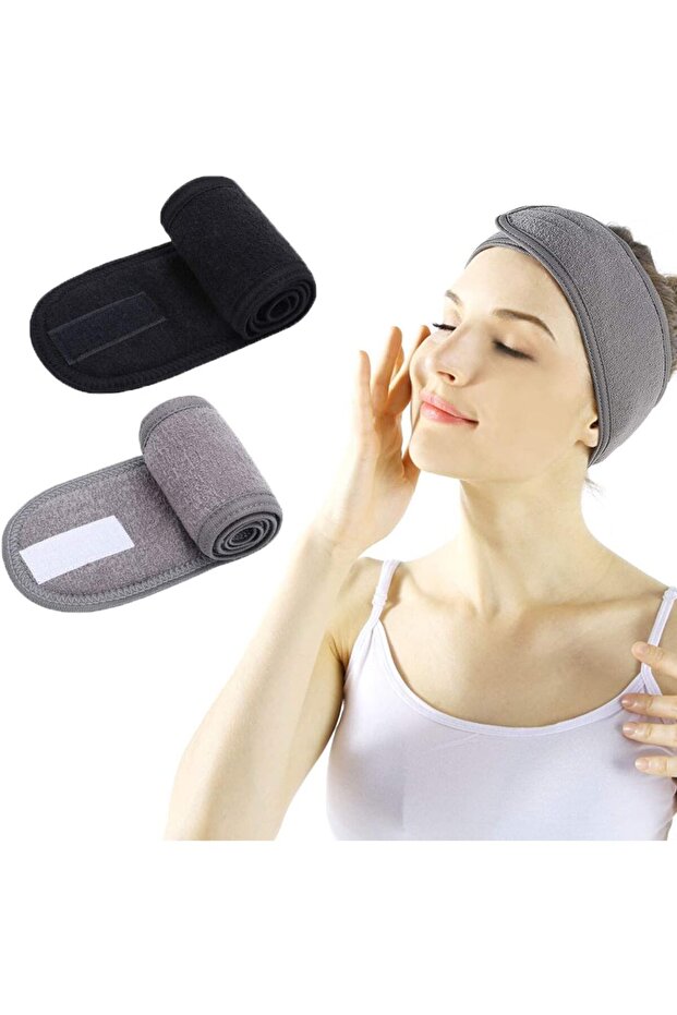 2 Pcs Makeup Shower Bath Wrap Sport Headband Terry Cloth Adjustable Black Gray