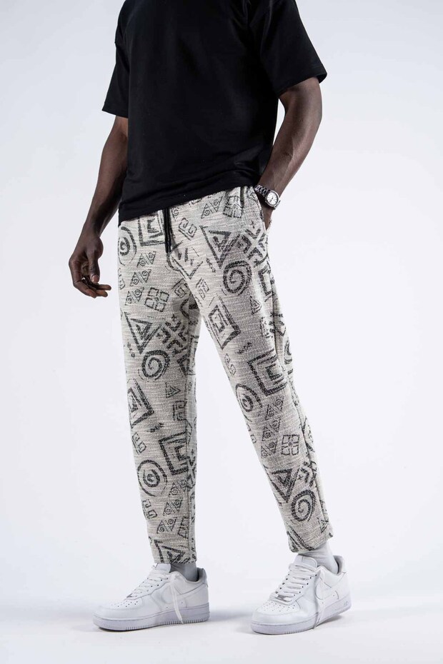 Men's Patterned Black Baguette Trousers with Elastic Waist - 3