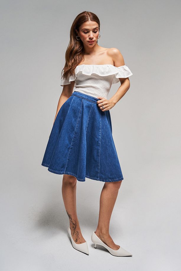 Kadın Mavi Renk 1s5-5 Volanlı Midi Boy %100 Koton Denim Etek - 6
