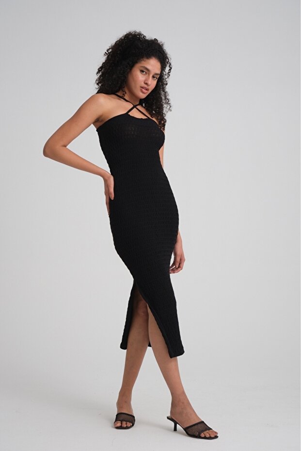 Women's Strappy Slit Flexible Lycra Long Knitted Dress