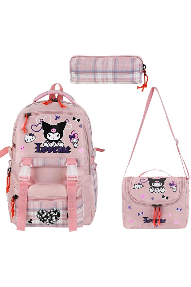 Korean Style Plaid Thermal School Backpack Set for Girls with Lunchbox and Pen Holder