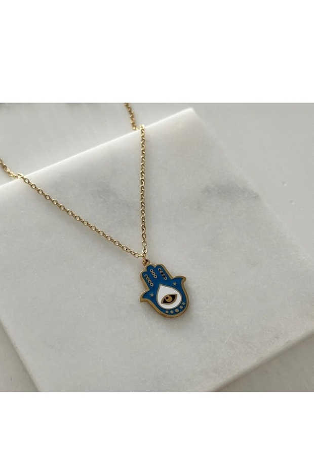 Mavi Çelik Hamsa Kolye - 1