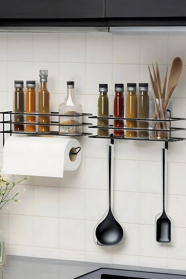Yapışkanlı Mutfak Rafı 2'li Set Siyah – Kağıt Havlu Askılı, 2 Adet Kancalı Metal Organizer - 1