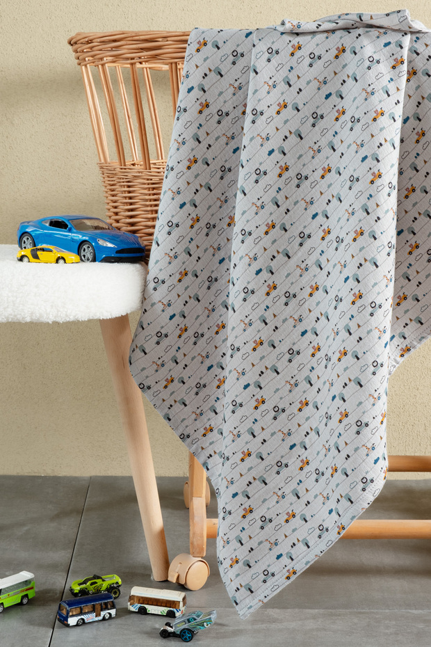 100% Cotton Baby Boy Muslin Blanket with Car Pattern – Light Baby Blanket with Gray Background,