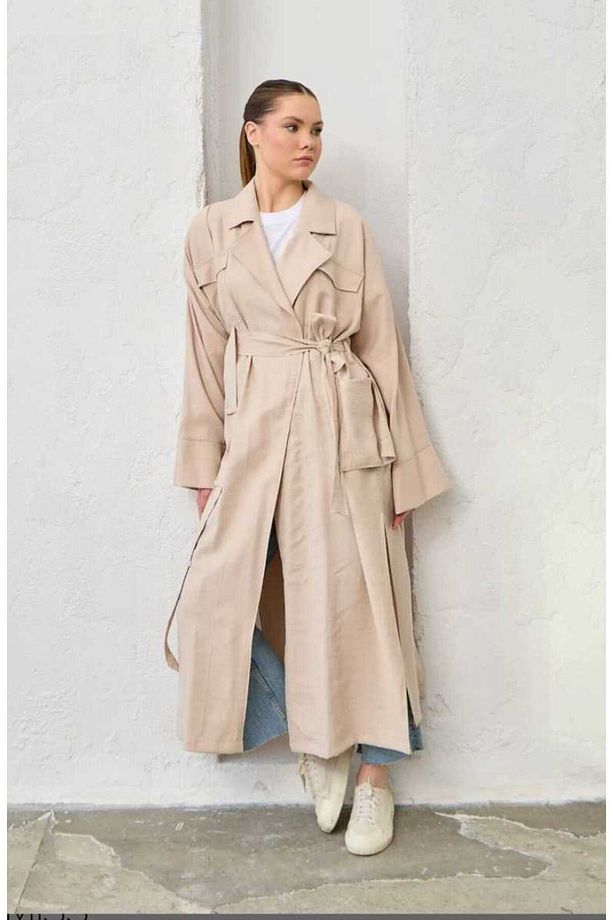 Taş Rengi Kuşaklı Cepli Oversize Trençkot - 1
