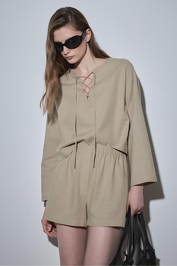 Ihlamur Yeşili Zoe Basic Keten Şort - 3