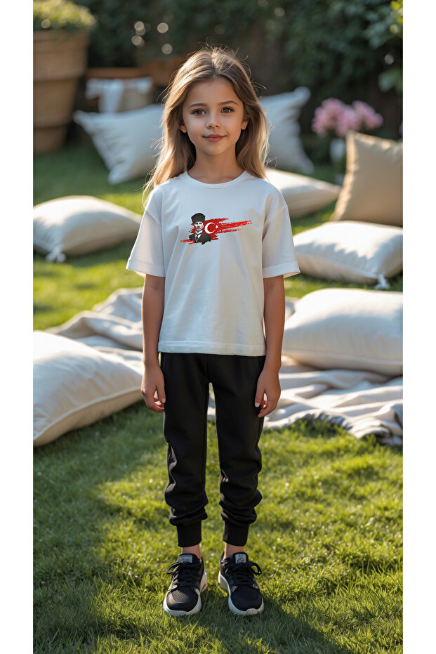 Children's Ataturk Design Printed Tshirt Tracksuit Set