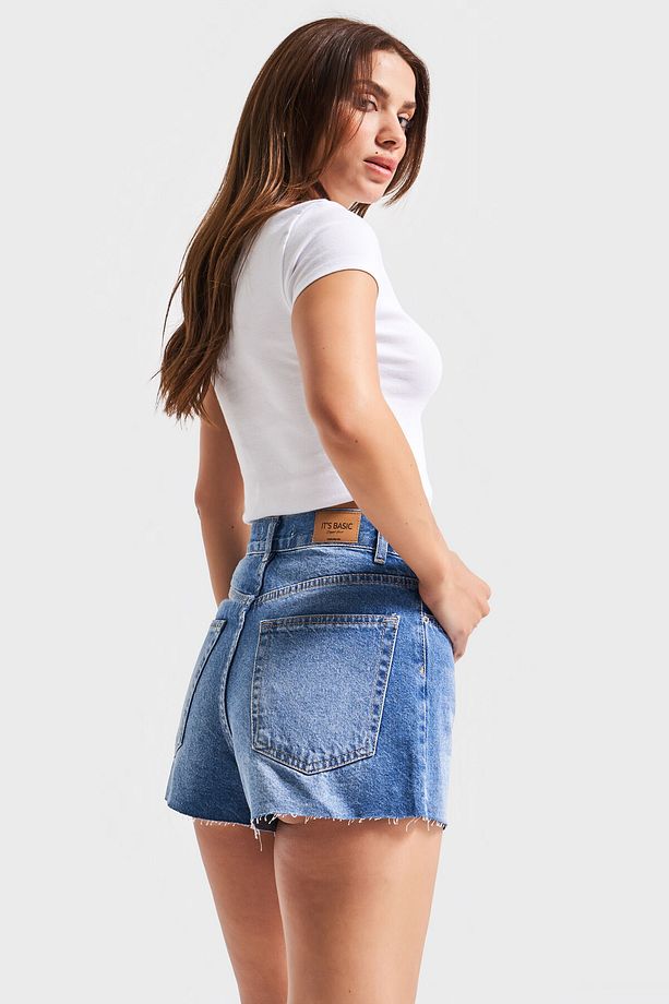 Kadın Mavi Renk 2s5-4 Mini Boy Mom Fit %100 Koton Yüksek Bel Denim Şort - 4