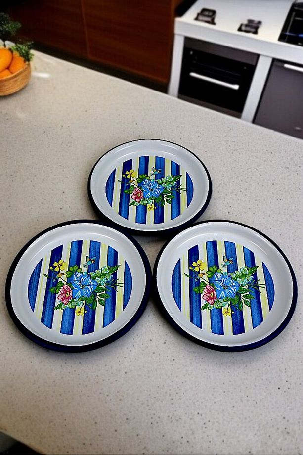 16 Cm 3 Parça Emaye Tabak Tek Kişilik Kahve Tabağı, Servis Tabağı Çerez Tabağı,, Hediye, - 2