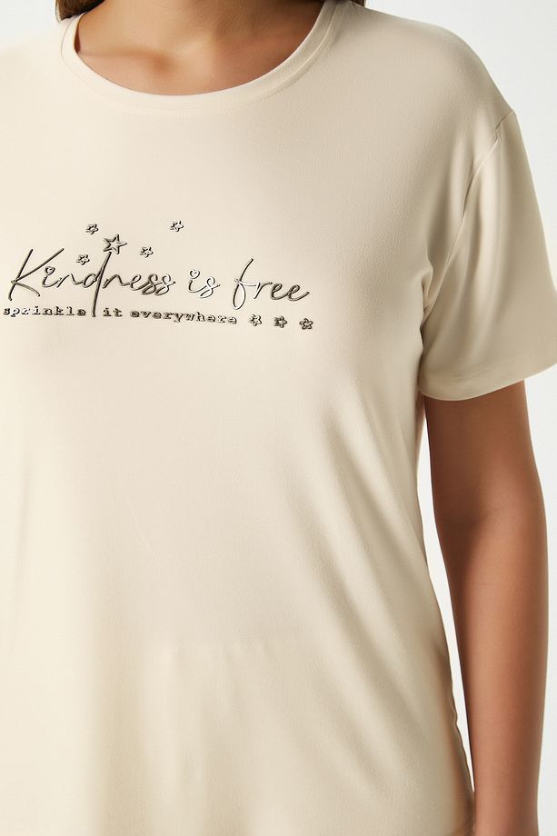 Kadın Kindness Yumuşak Doku Tereyağ Sarısı Yıldız Desen Bisiklet Yaka Kısa Kollu Alt Üst Pijama Takı - 2
