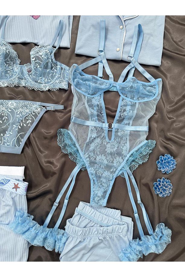 Kadın Miary 6 Parçalı Dev Pijama Jartiyer İç Çamaşır Seti - 6