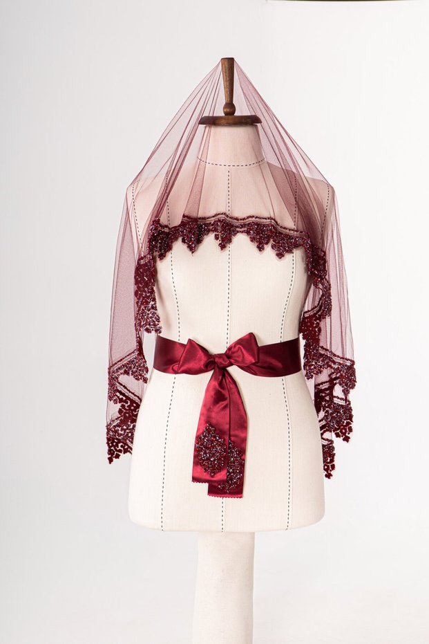 Pyramid Stone Bridal Veil Set (Henna Cover + Bridal Sash + Henna Gloves) Burgundy